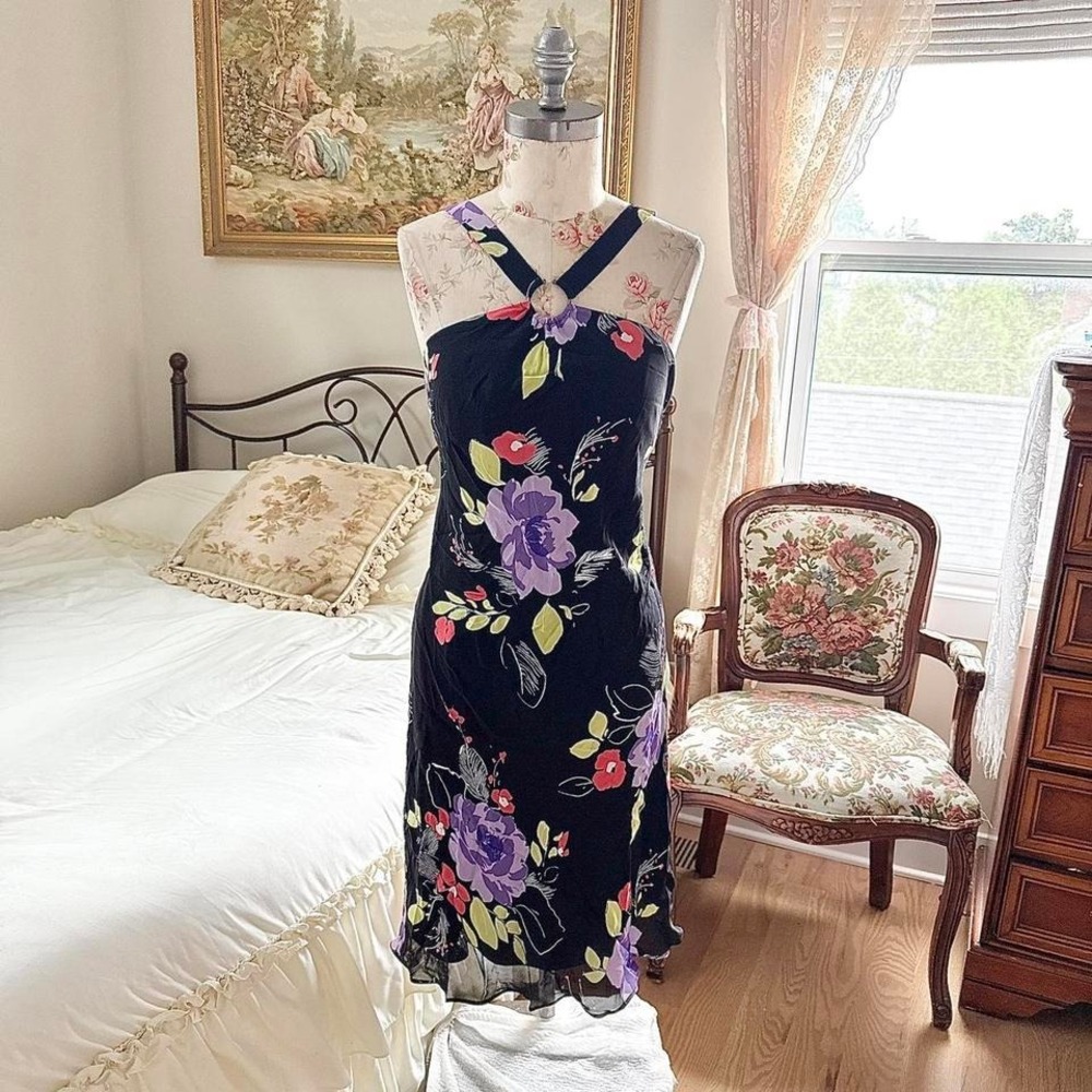 90s Evan Picone black floral midi‎ dress size 10